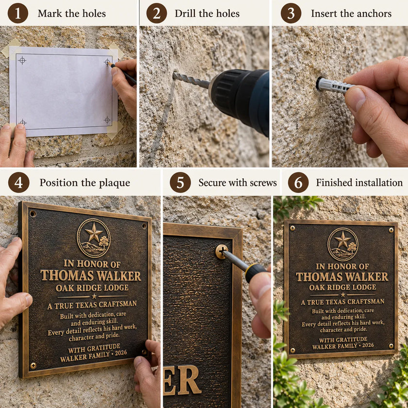 Step-by-step guide showing how to install a cast bronze commemorative plaque using screws and wall anchors