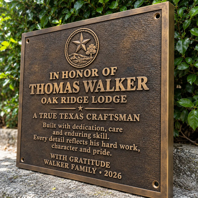 Left angle close-up of cast bronze tribute plaque showing textured antique bronze finish, raised lettering and decorative border