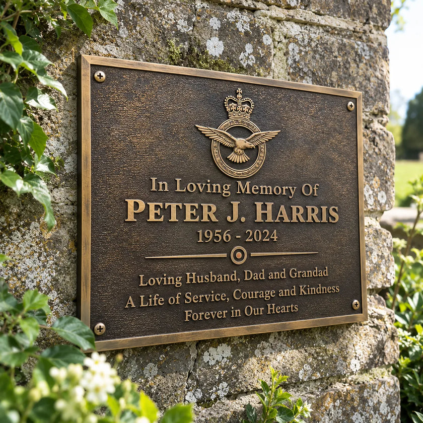 Right angle view of personalized bronze commemorative plaque showing its raised inscription and traditional cast metal finish
