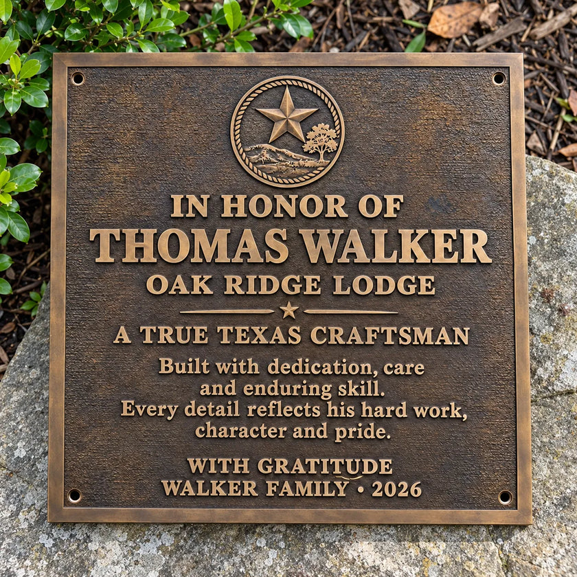 Top angle photograph of a custom bronze commemorative plaque with raised text honouring Thomas Walker