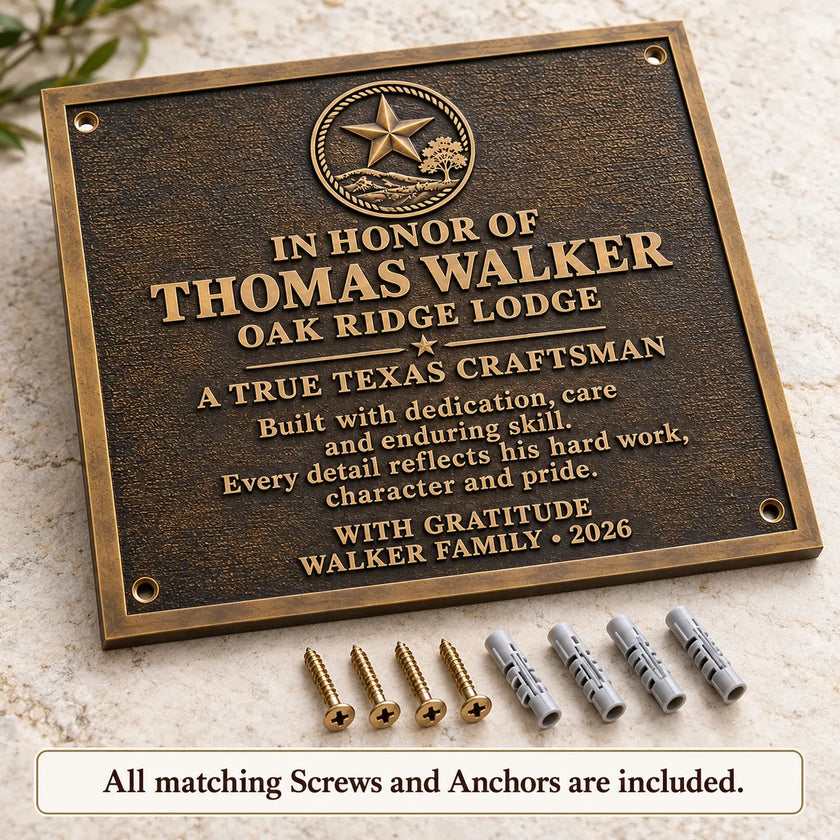 Antique bronze commemorative plaque displayed with four matching Phillips-head screws and wall anchors