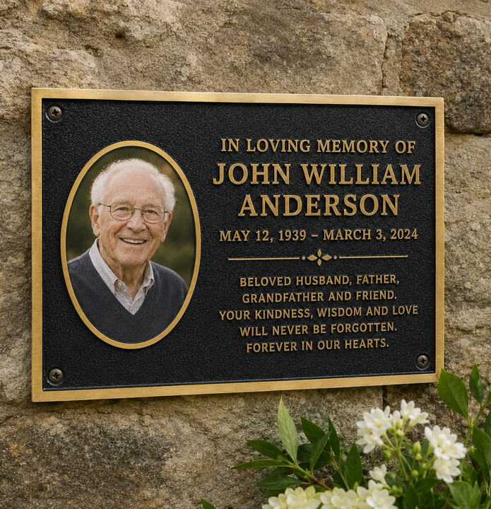 A personalized black memorial plaque with a gold border, mounted on a rustic stone wall. The plaque features a portrait photo of an elderly man and gold-colored engraved text reading 'IN LOVING MEMORY OF JOHN WILLIAM ANDERSON' along with dates and a remembrance message.