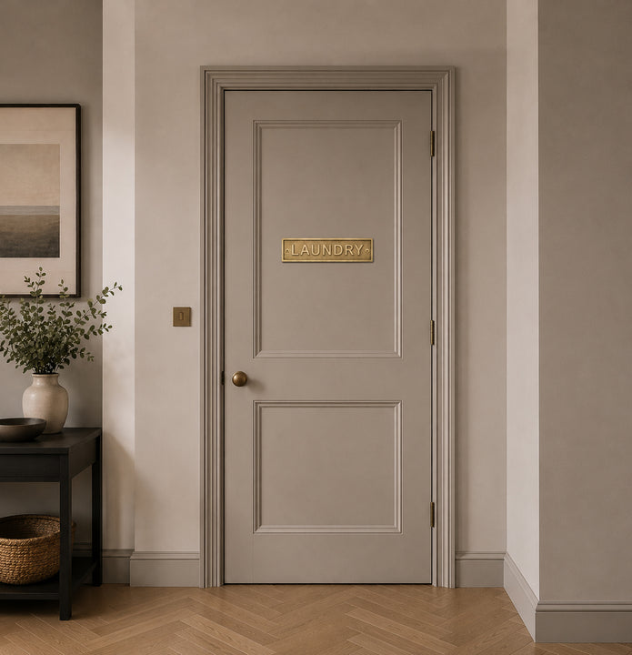 Gray door with 'Laundry' sign in a room with a vase of flowers and a basket on a side table.