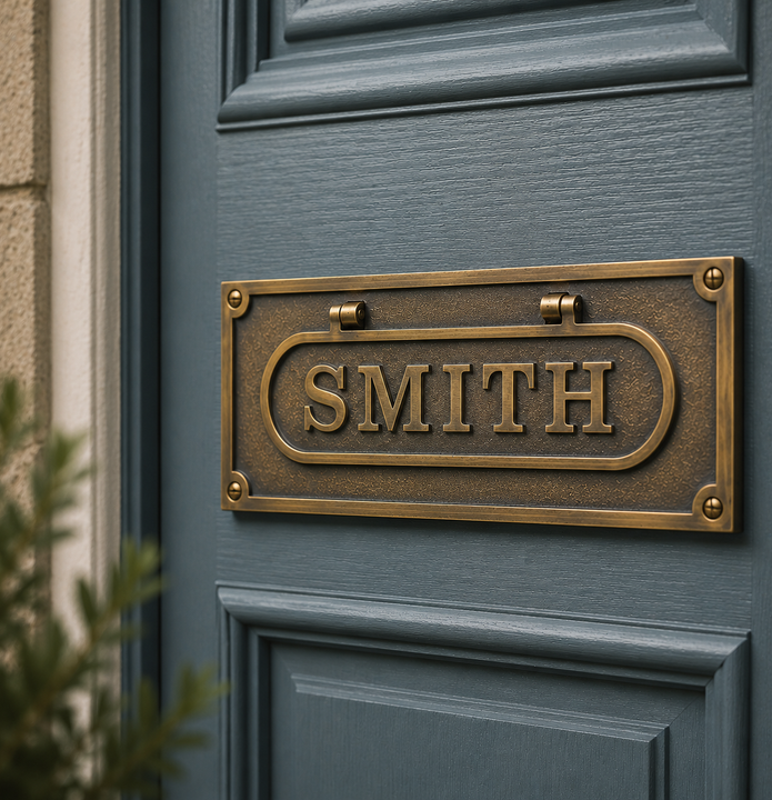 Bronze door nameplate with 'SMITH' on a blue door