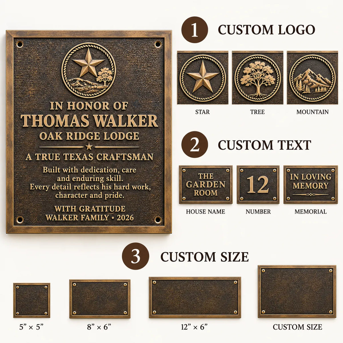 Personalised bronze plaque customization options featuring custom logos, raised lettering and bespoke sizes