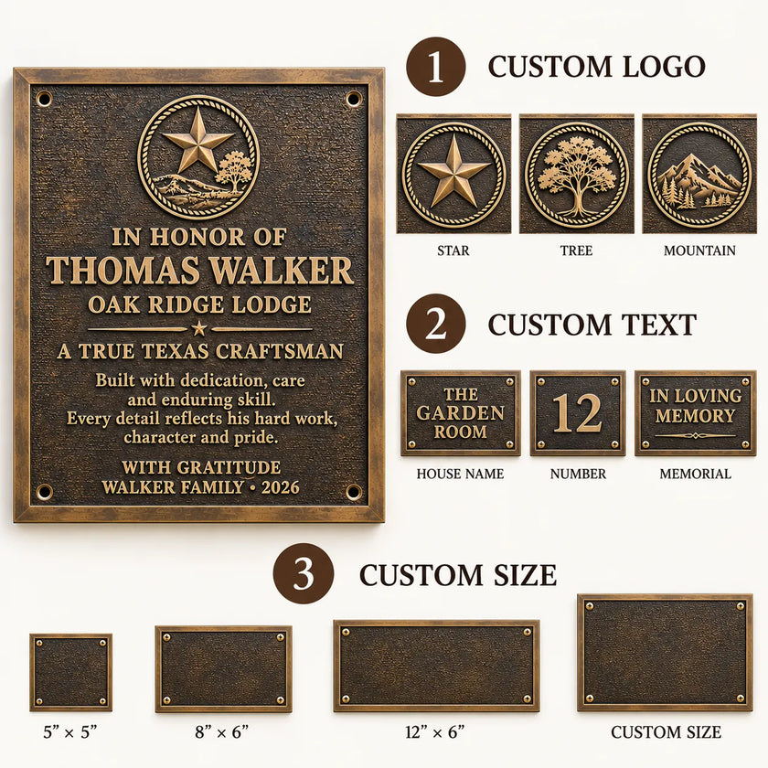 Personalised bronze plaque customization options featuring custom logos, raised lettering and bespoke sizes