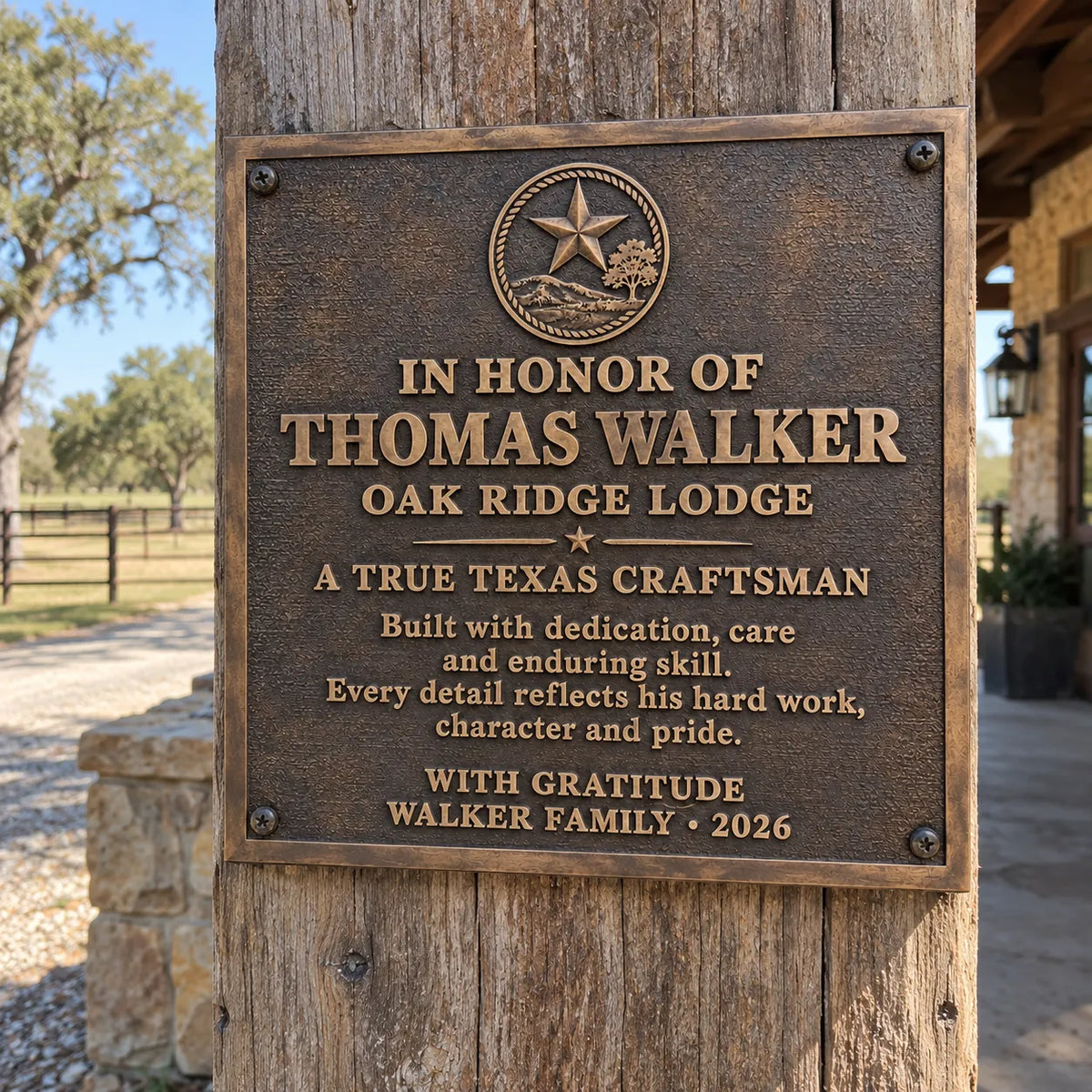 Antique bronze appreciation plaque with raised lettering installed on a weathered wooden post