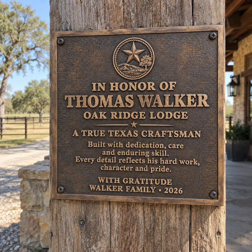 Antique bronze appreciation plaque with raised lettering installed on a weathered wooden post