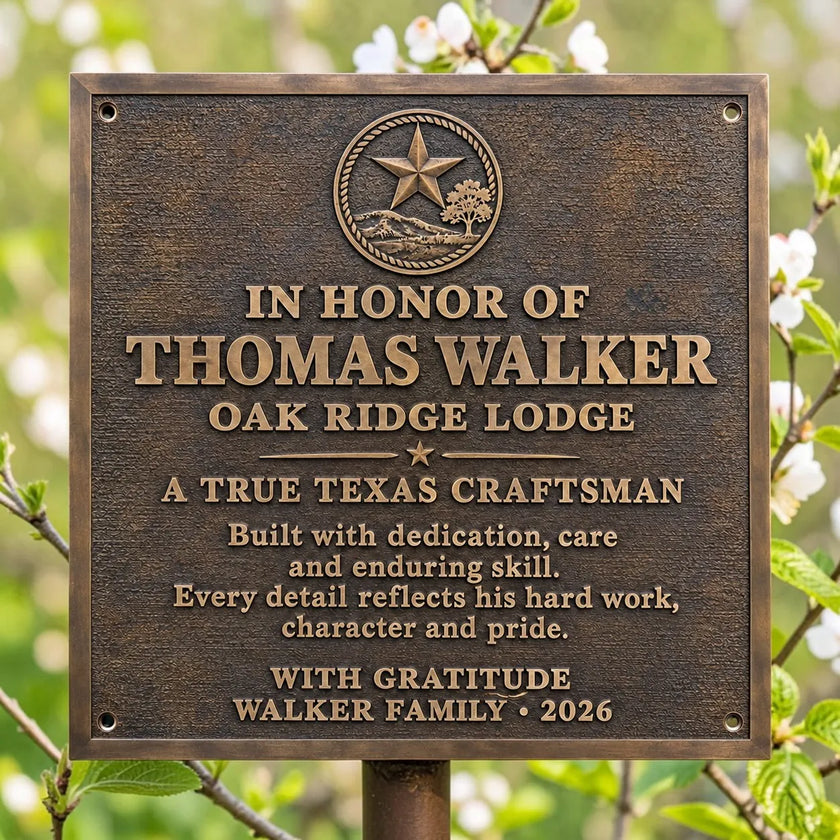 Front view of personalised cast bronze commemorative plaque featuring raised lettering, a decorative star emblem and antique bronze finish