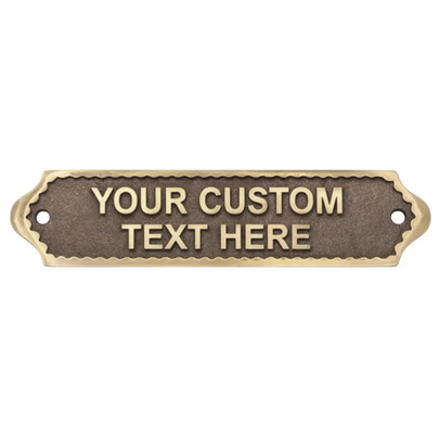 Custom text plate with gold border on a white background