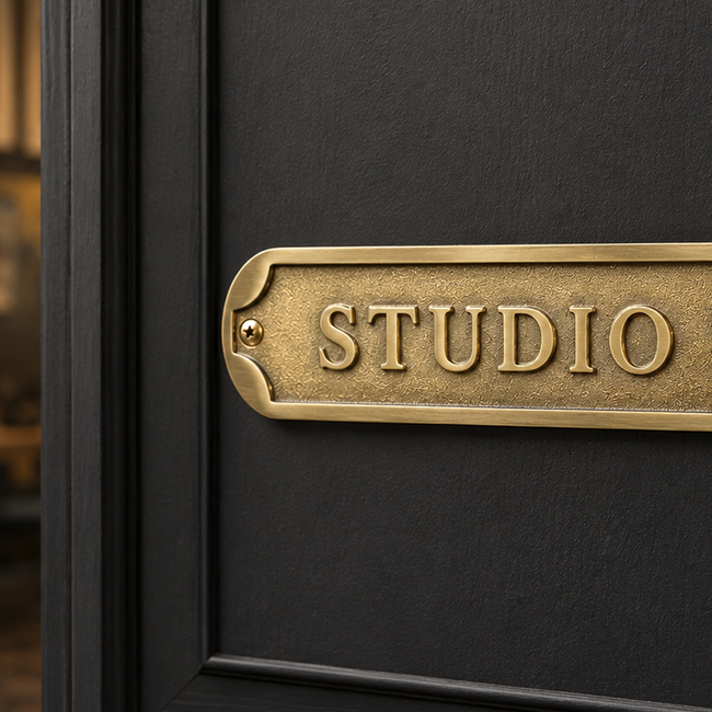 Black door with a gold 'STUDIO' plaque